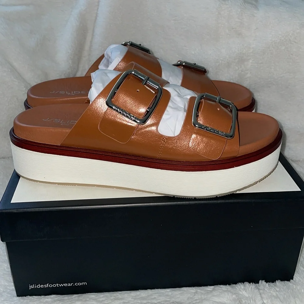 NWT J/SLIDES BOWIE Cognac Leather Sandal - Picture 6 of 12